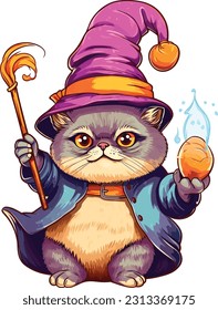 Wizard cat vector illustration Sorcerer cat