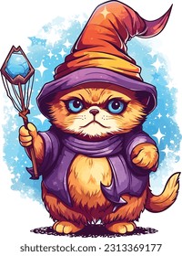 Wizard cat vector illustration Sorcerer cat