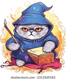 Wizard cat vector illustration Sorcerer cat