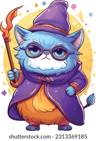 Wizard cat vector illustration Sorcerer cat