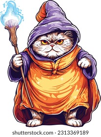 Wizard cat vector illustration Sorcerer cat