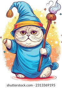 Wizard cat vector illustration Sorcerer cat