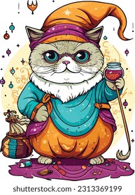 Wizard cat vector illustration Sorcerer cat