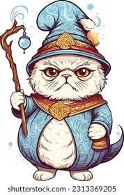 Wizard cat vector illustration Sorcerer cat