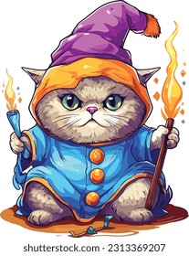 Wizard cat vector illustration Sorcerer cat