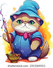 Wizard cat vector illustration Sorcerer cat