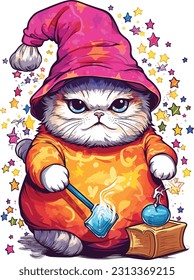 Wizard cat vector illustration Sorcerer cat