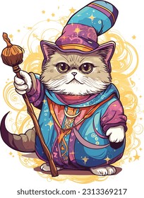 Wizard cat vector illustration Sorcerer cat