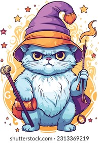 Wizard cat vector illustration Sorcerer cat