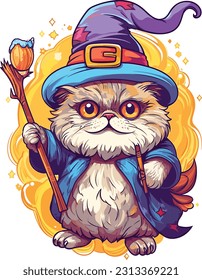 Wizard cat vector illustration Sorcerer cat