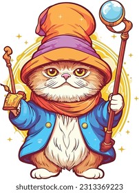 Wizard cat vector illustration Sorcerer cat