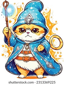 Wizard cat vector illustration Sorcerer cat