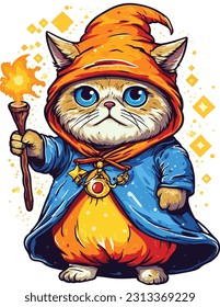 Wizard cat vector illustration Sorcerer cat