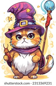 Wizard cat vector illustration Sorcerer cat