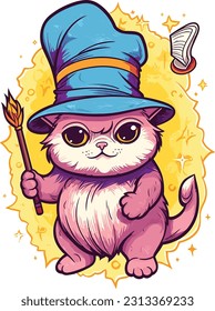 Wizard cat vector illustration Sorcerer cat