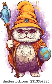 Wizard cat vector illustration Sorcerer cat