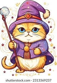 Wizard cat vector illustration Sorcerer cat