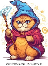 Wizard cat vector illustration Sorcerer cat