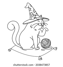Wizard cat wearing a magic hat and sitting on a pillow with clew. Illustration in cartoon style with stroke and outline. Coloring pages