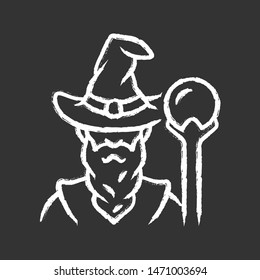 Wizard chalk icon. Sorcerer, magician in hat. Old wise man, fantasy druid. Fairytale warlock with beard. Halloween costume. Isolated vector chalkboard illustration