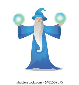 Wizard character in action poses. Colorful raster illustration in flat cartoon style