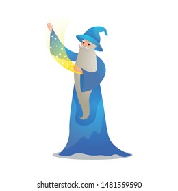 Wizard character in action poses. Colorful raster illustration in flat cartoon style