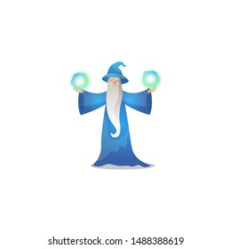 Wizard character in action poses. Colorful raster illustration in flat cartoon style