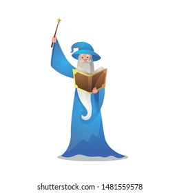 Wizard character in action poses with the magic wand and book. Colorful raster illustration in flat cartoon style