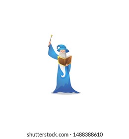 Wizard character in action poses with the magic wand and book. Colorful raster illustration in flat cartoon style