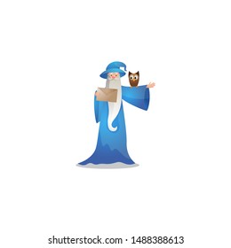 Wizard character in action poses with the magic bundle and owl. Colorful raster illustration in flat cartoon style