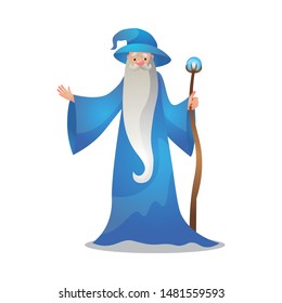 Wizard character poses with the wand. Colorful raster illustration in flat cartoon style