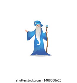 Wizard character poses with the wand. Colorful raster illustration in flat cartoon style