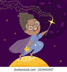 Wizard child with a magic wand among the stars and planets.