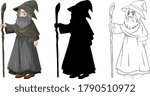 Wizard in color and outline and silhouette cartoon character isolated on white background illustration