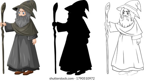Wizard in color and outline and silhouette cartoon character isolated on white background illustration