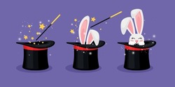 Wizard Conjure Cylinder. Magic Hat With Bunny Ears Vector Illustration. Magician Hat With Rabbit. Circus Show, Abracadabra Wand. Magic Rabbit In Hat, Bunny Trick Illustration