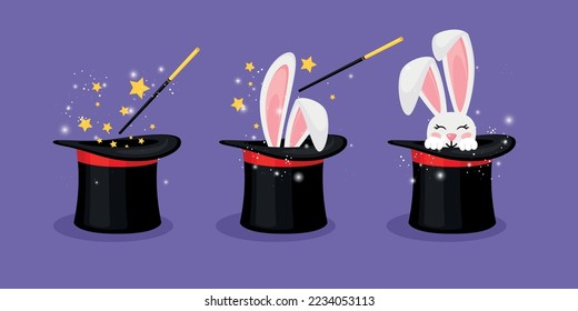 Wizard conjure cylinder. Magic hat with bunny ears vector illustration. Magician hat with rabbit. Circus show, abracadabra wand. Magic rabbit in hat, bunny trick illustration
