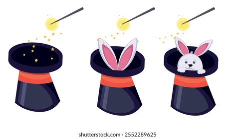 Cilindro de conjuro del mago. Sombrero mágico con orejas de conejo Ilustración vectorial. Sombrero de mago con conejo. Espectáculo de circo, varita de abracadabra, Ilustración vectorial.