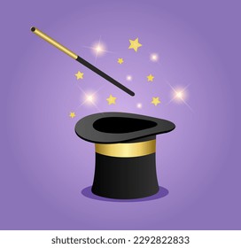 Wizard conjure cylinder. Magicians hat with magic wand. Vector illustration isolated on white background. Circus show, abracadabra wand. 