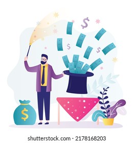 Wizard Conjured Cash With Help Of Magic Hat. Businessman With Magic Wand Performs Successful Money Trick. Easy, Fast Way To Increase Profits. Entrepreneur Magically Makes Income. Vector Illustration