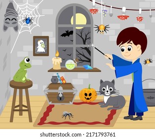 Wizard is conjuring frog by magic wand. Halloween cartoon interior with wizard, frog, pumpkin, cat, bat, spiders, mushrooms. Cartoon, flat. Isolated vector illustration eps 10