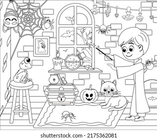 Wizard is conjuring frog coloring page. Halloween. Black and white.  Isolated vector illustration eps 10