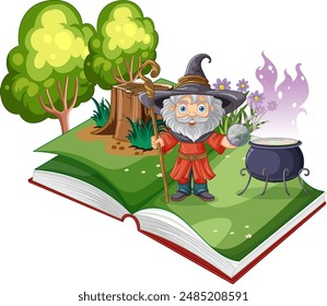 Wizard conjuring magic in an open book