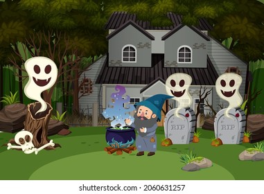 Wizard cooking potion at the haunted house illustration