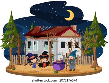Wizard cooking potion at the haunted house illustration