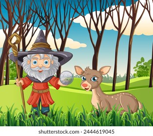 Wizard with crystal ball beside a cute deer in woods