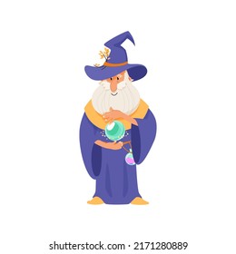 Wizard with a crystal ball. Cartoon illustration of an elderly bearded sorcerer in action with a magic ball isolated on a white background. Vector 10 EPS.