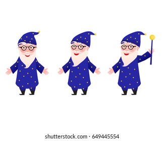 Wizard in different poses. Character in a blue suit. Vector illustration isolated on white background.