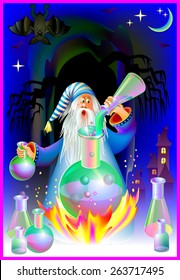 Wizard doing alchemy, vector cartoon image.