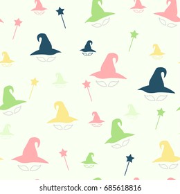 Wizard doodle seamless pattern background. Colorful vector seamless pattern with witch hats. magic seamless pattern
